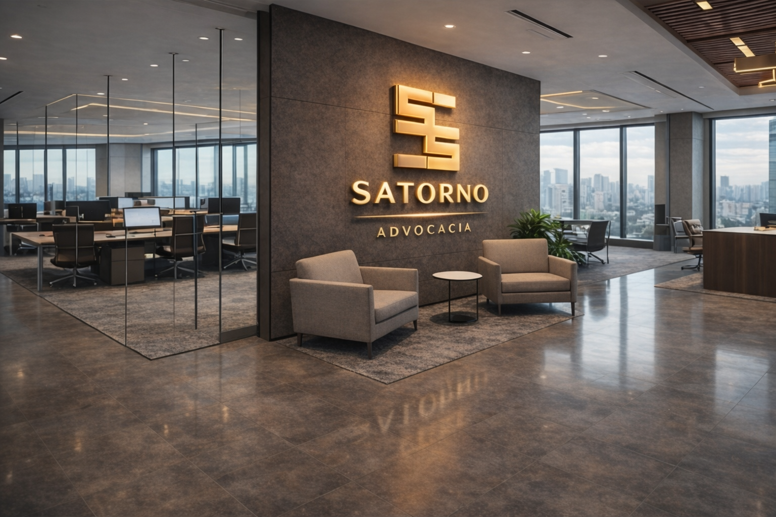 Recepção do escritório Satorno Advocacia com logo dourado